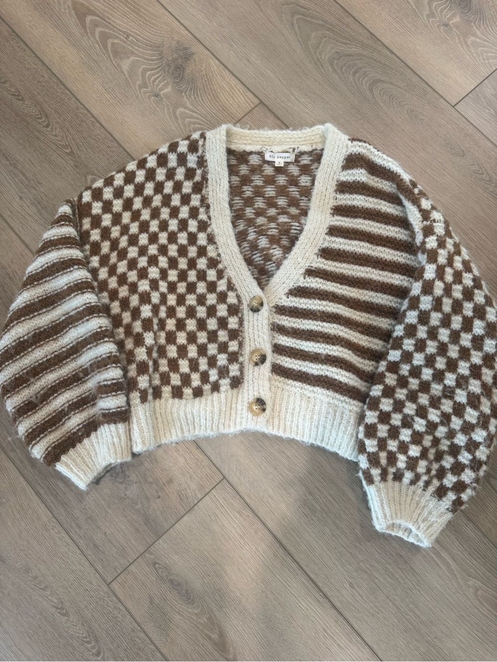 Blu Pepper Brown & Cream Checkerboard Stripe V-Neck Cardigan